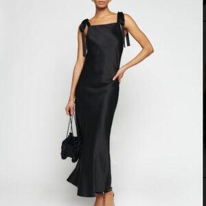 NEW Reformation Aden Black Silk Bow Tie Midi Dress